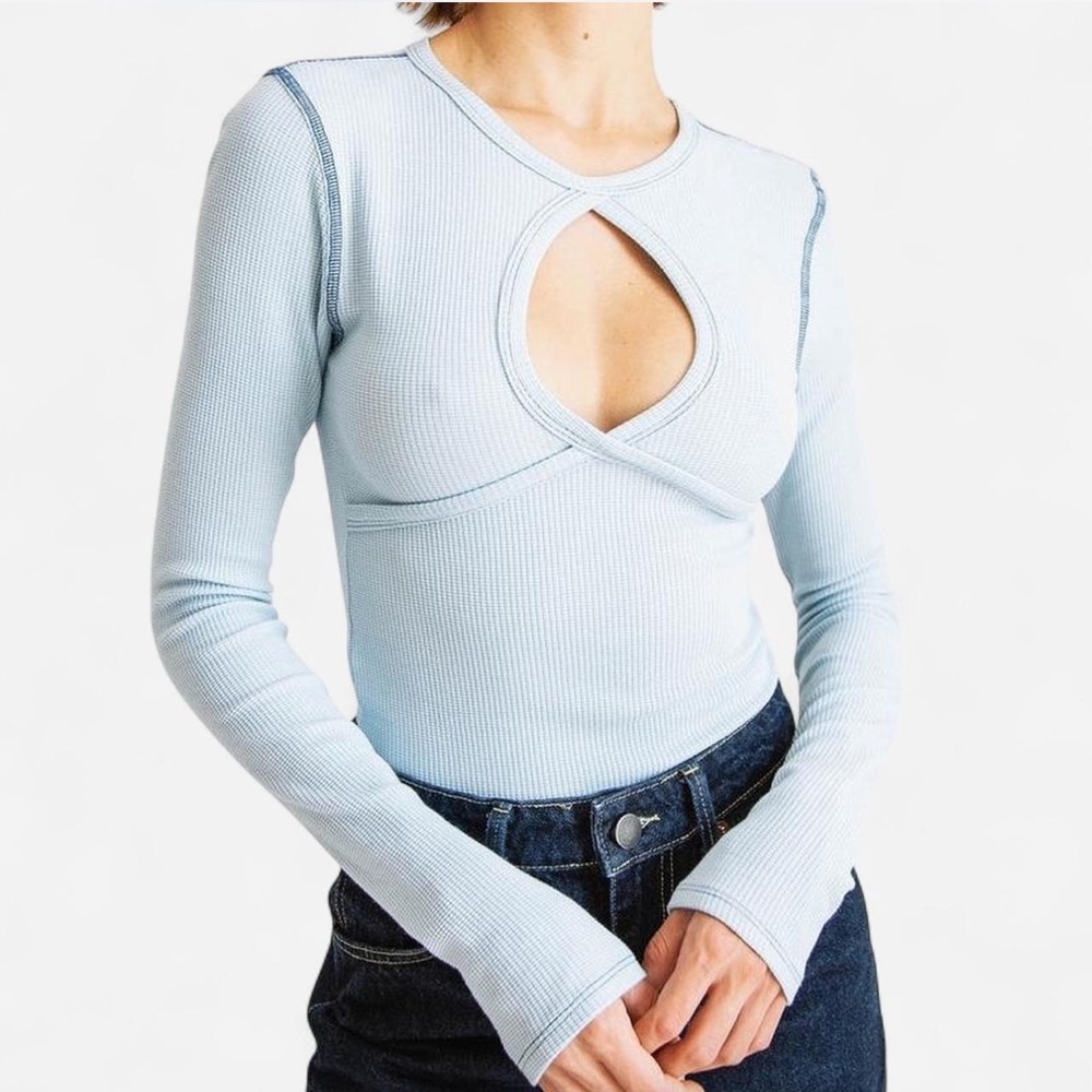 The Line by K Blue Ribbed Cutout Top M/L ||Balletcore Feminine Clean Girl NWOT